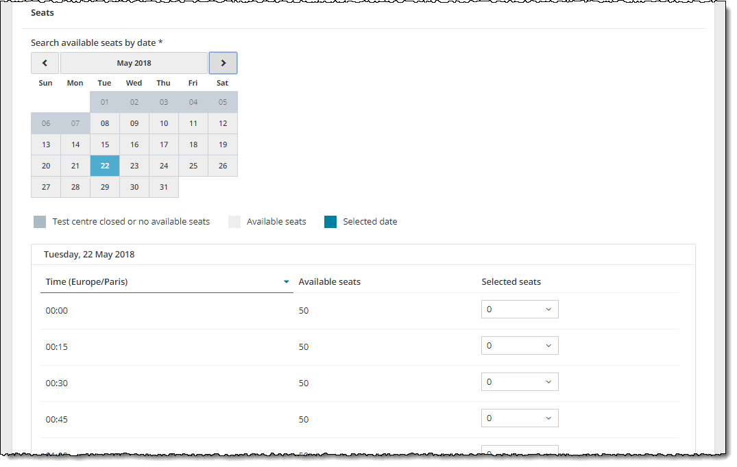 Select a time and seat list.